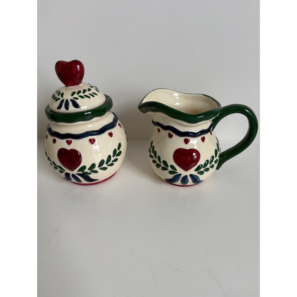 Vintage CBK LTD 1998 Vintage Ceramic Cream and Sugar Set Heart Green Vine NEW